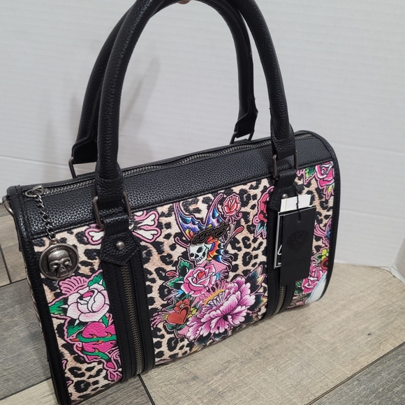 NWT Ed Hardy Cheetah Skull And Roses Tatoo Design Satchel/ Crossbody Handbag - Picture 2 of 15